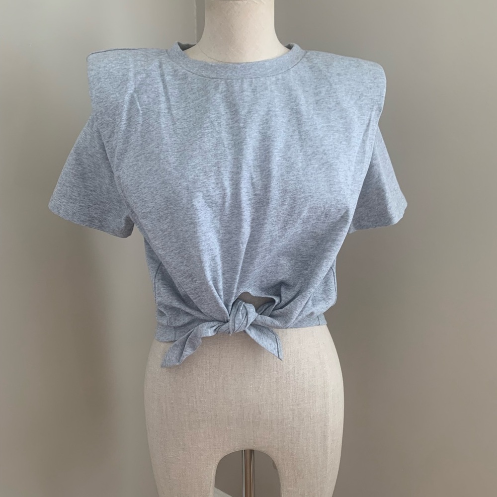 GREY LAB Gray Boxy Crop Top with Tie Front and Short Sleeves